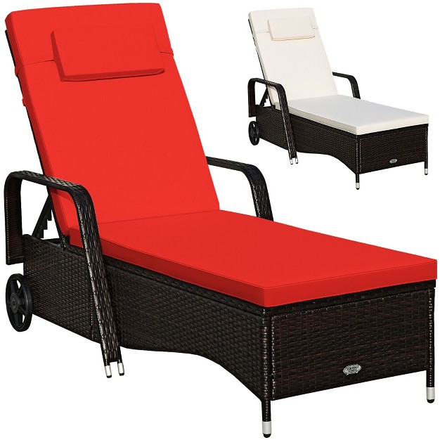 Tangkula Cushioned Outdoor Wicker Lounge Chair W Wheel Adjustable Backrest Red amp Off White