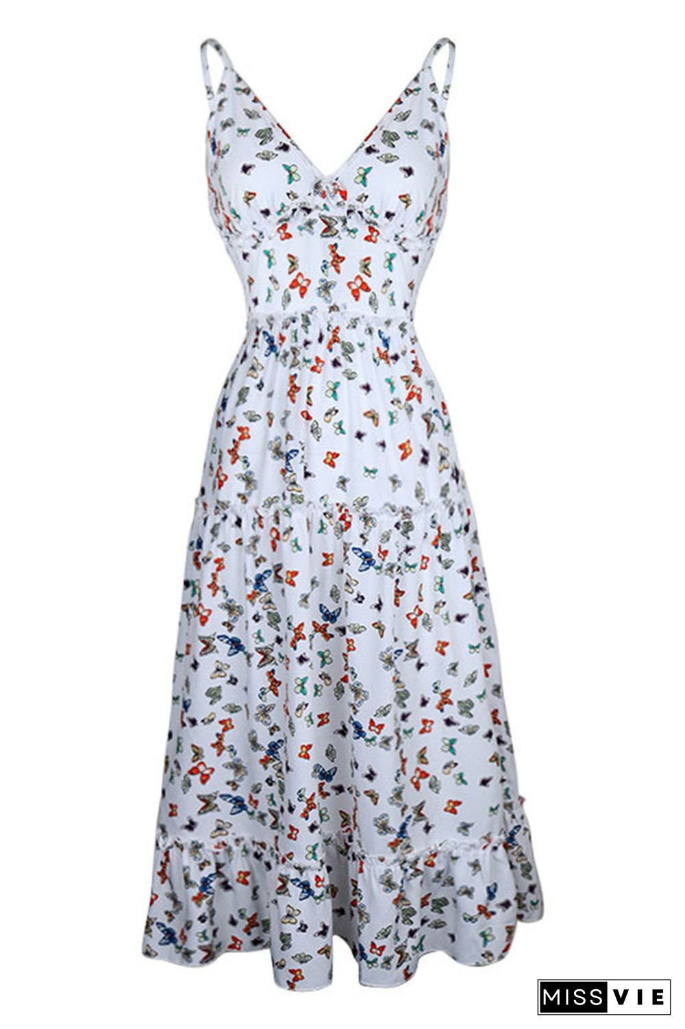 Butterfly Print Tiered Spachetti Dress