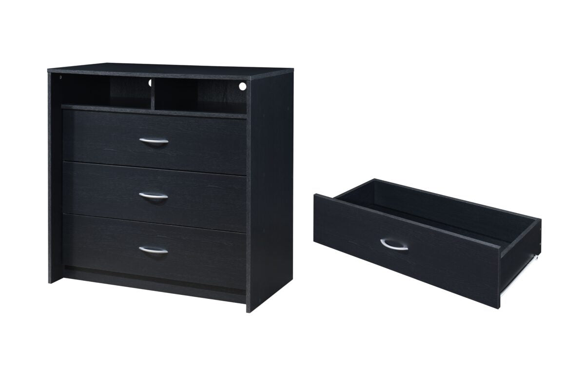 Hodedah 3-Drawer Dresser with 1-Open Shelf 2 Compartments in Black