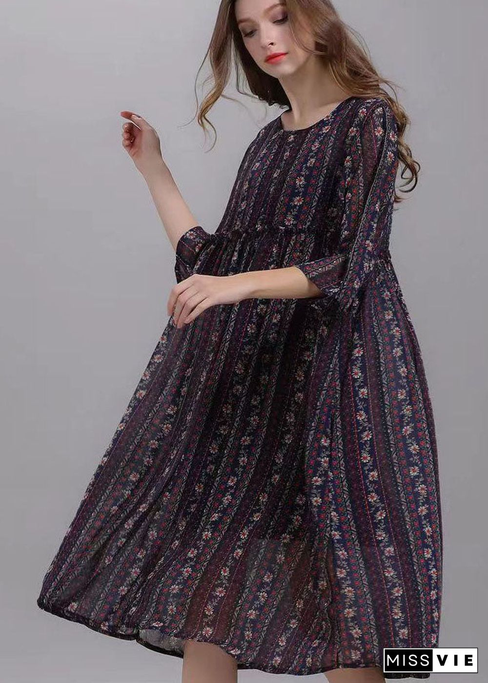 Bohemian Striped O Neck Wrinkled Patchwork Chiffon Dresses Half Sleeve