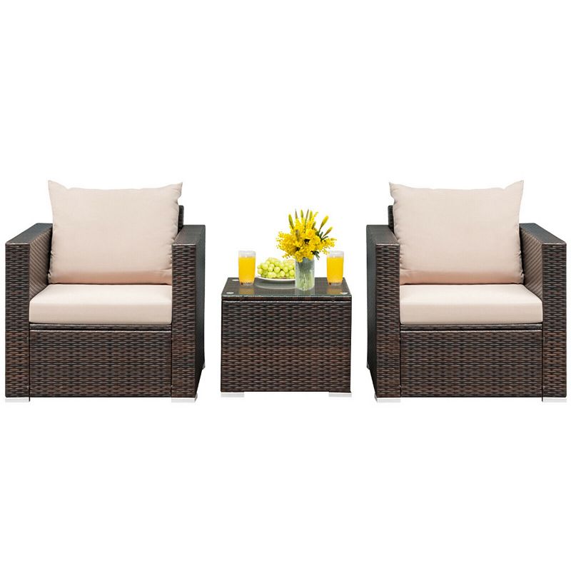 3 Pcs Patio Conversation Rattan Furniture Set with Cushion