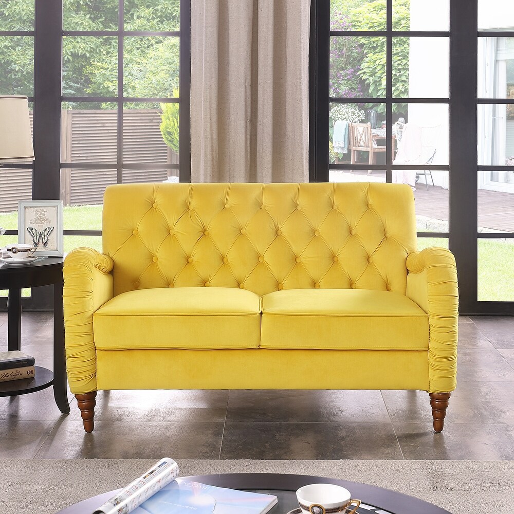 Chesterfield 2 Seater Sofa Modern Velvet Upholstered Loveseat with Tufted Back   Wood Circle Legs  Lounge Couch for Living Room