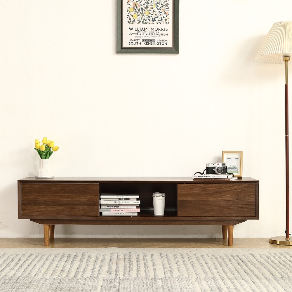 Stylish 45° Pointed Walnut Finish Media TV Stands with Spacious Storage Compartments and Shelves for Living Room