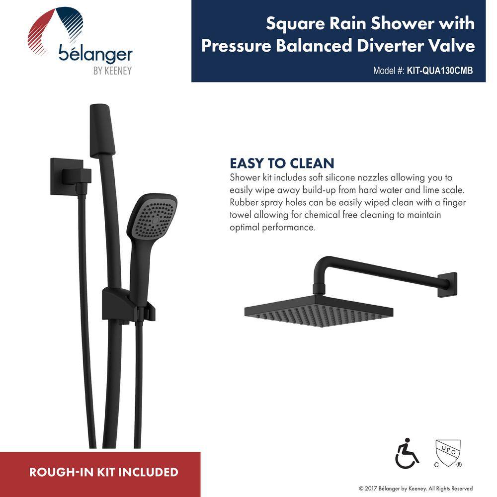 KEENEY Belanger 1-Spray Square Hand Shower and Showerhead from Wall Combo Kit with Slide Bar and Valve in Matte Black KIT-QUA130CMB