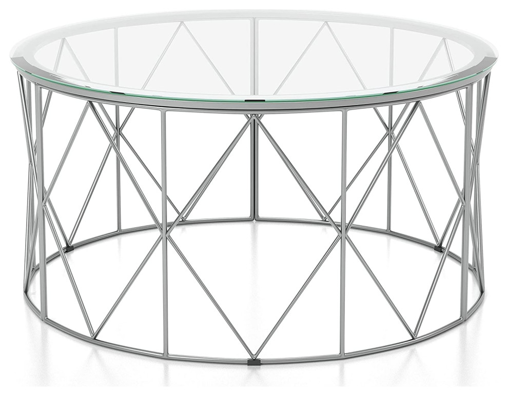 Contemporary Coffee Table  Diamond Patterned Base With Round Glass Top  Chrome   Industrial   Coffee Tables   by Declusia  Houzz