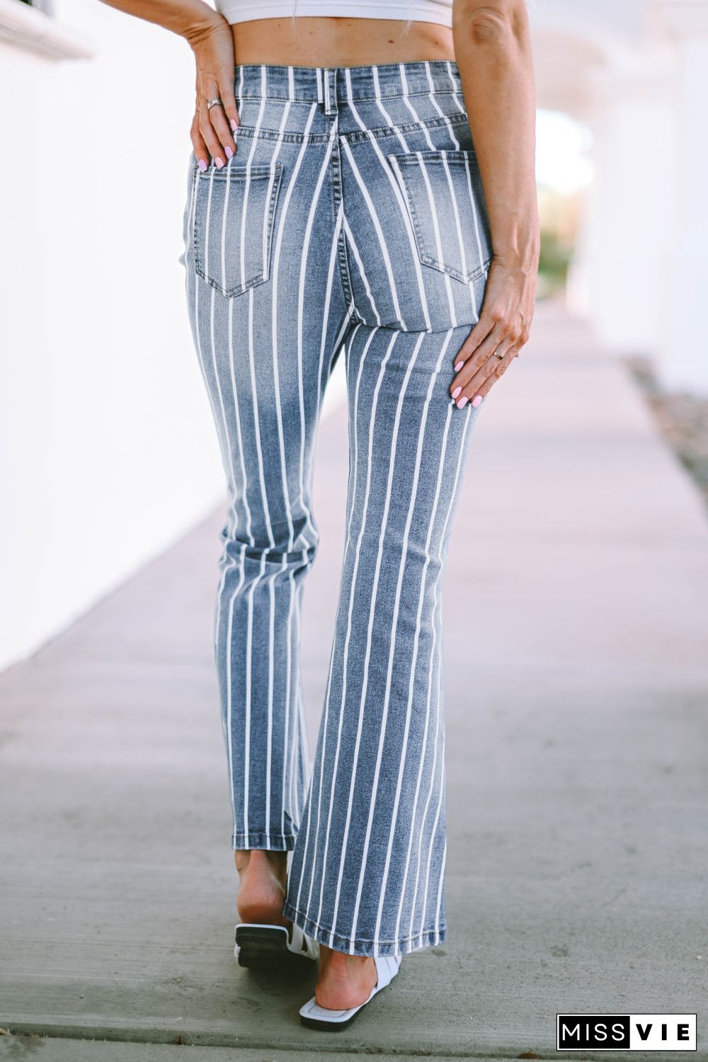 Sky Blue Vertical Striped Ripped Flare Jeans