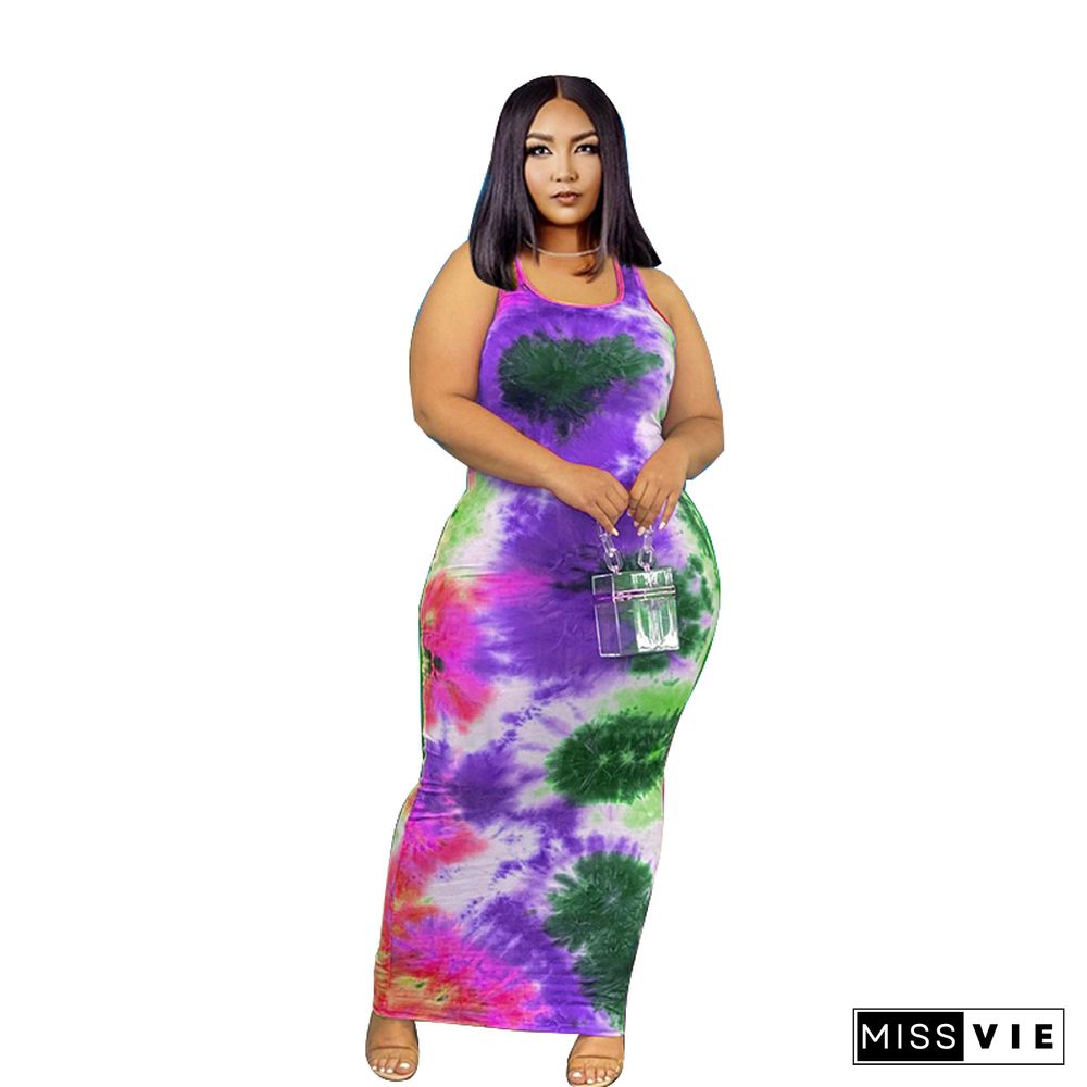 Tie Dye Sleeveless O Neck Plus Size Maxi Dress