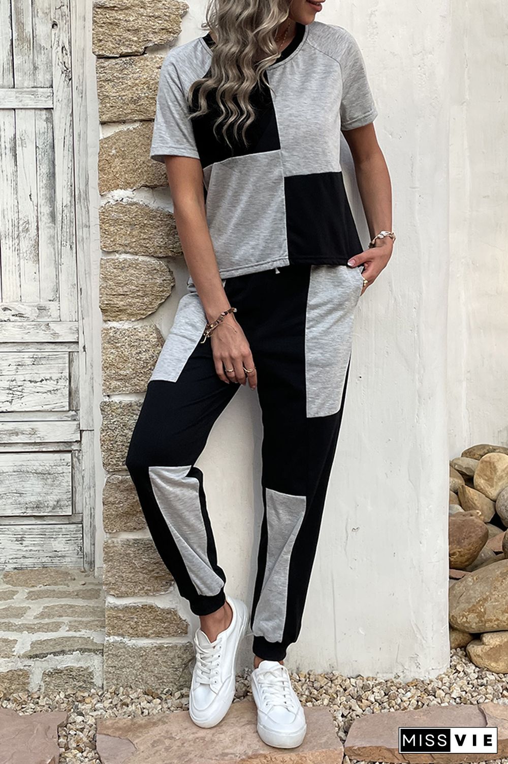 Black & Gray Patchwork Drawstring Top & Pants 2 Pcs Set Wholesale