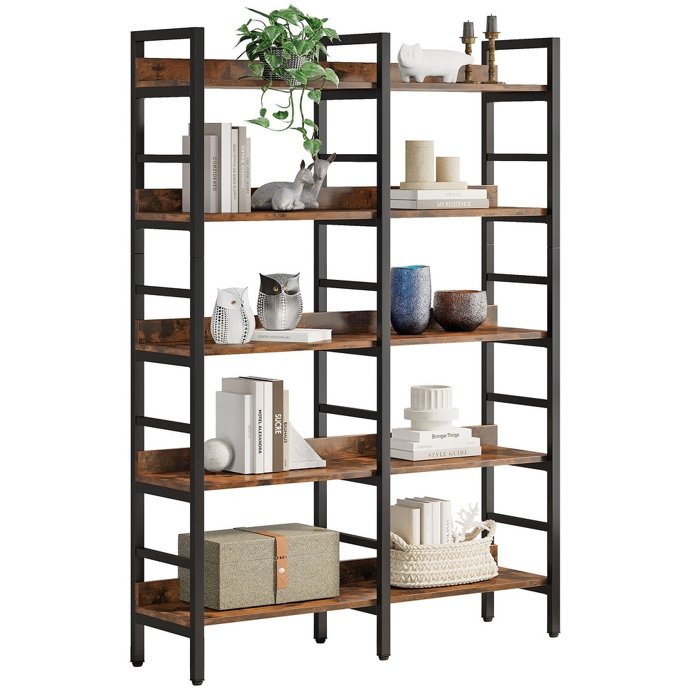 Double Wide Bookshelf  5 Tier Industrial Etagere Bookcase Free Standing Tall Book Shelf  Rustic Brown