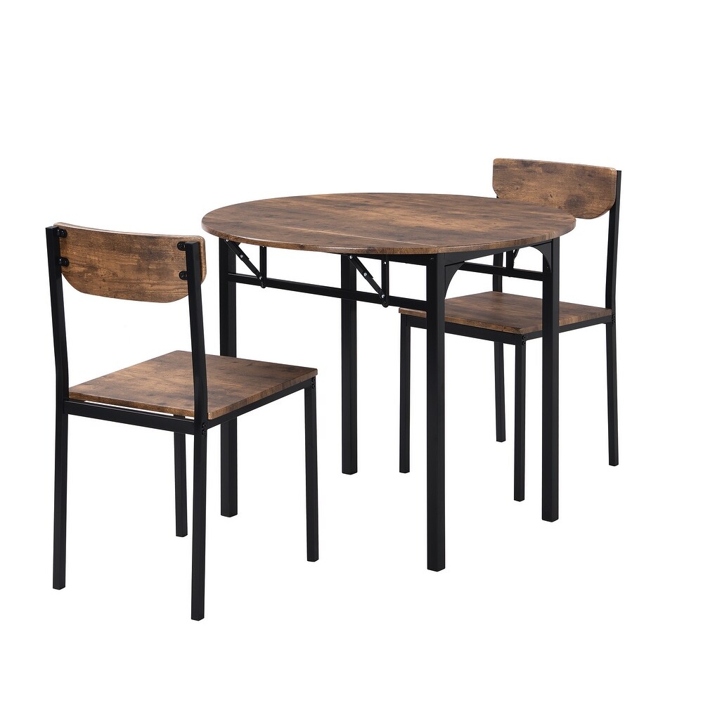 3 Piece Round Dining Table Set with Drop Leaf and 2 Chairs for Small Places  Black Frame   Rustic Brown Finish