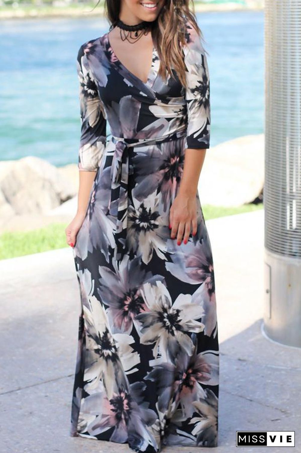 Mixed Color Flower Printed V Neck Maxi Dress