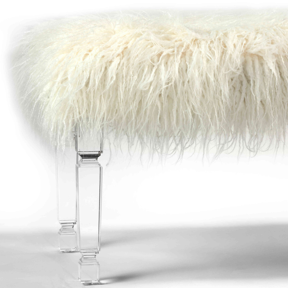 Cortesi Home Eleanor Bench Ottoman  White Faux Fur with Acrylic Legs   Contemporary   Footstools And Ottomans   by CozyStreet  Houzz