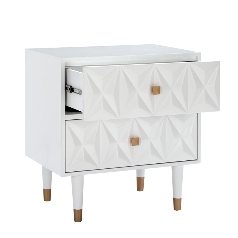 Linon Alick Two Drawer Wood Geo Texture Nightstand in White