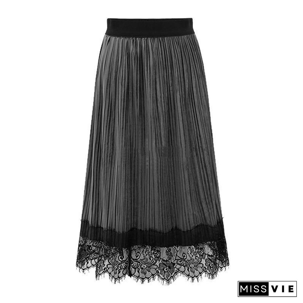 Fashion Pleated Lace Joint Velvet Skirt