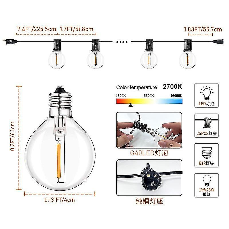 Outdoor String Lights 25ft Garden Light Mains Powered With 25shatterproof G40 Led Bulbs， Waterproof