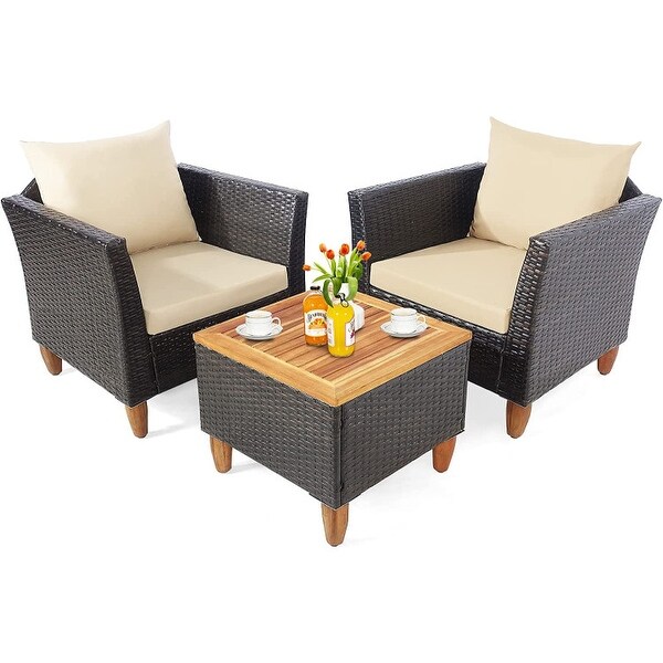 3 Pieces Patio Rattan Bistro Furniture Set with Wooden Table Top