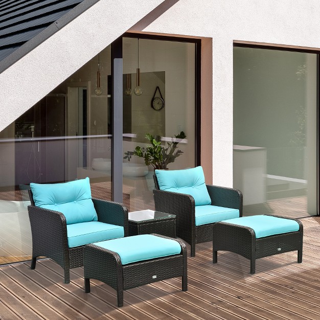 Outsunny 5 Pieces Rattan Wicker Lounge Chair Outdoor Patio Conversation Set With 2 Cushioned Chairs 2 Ottomans amp Glass Top Coffee Table Blue