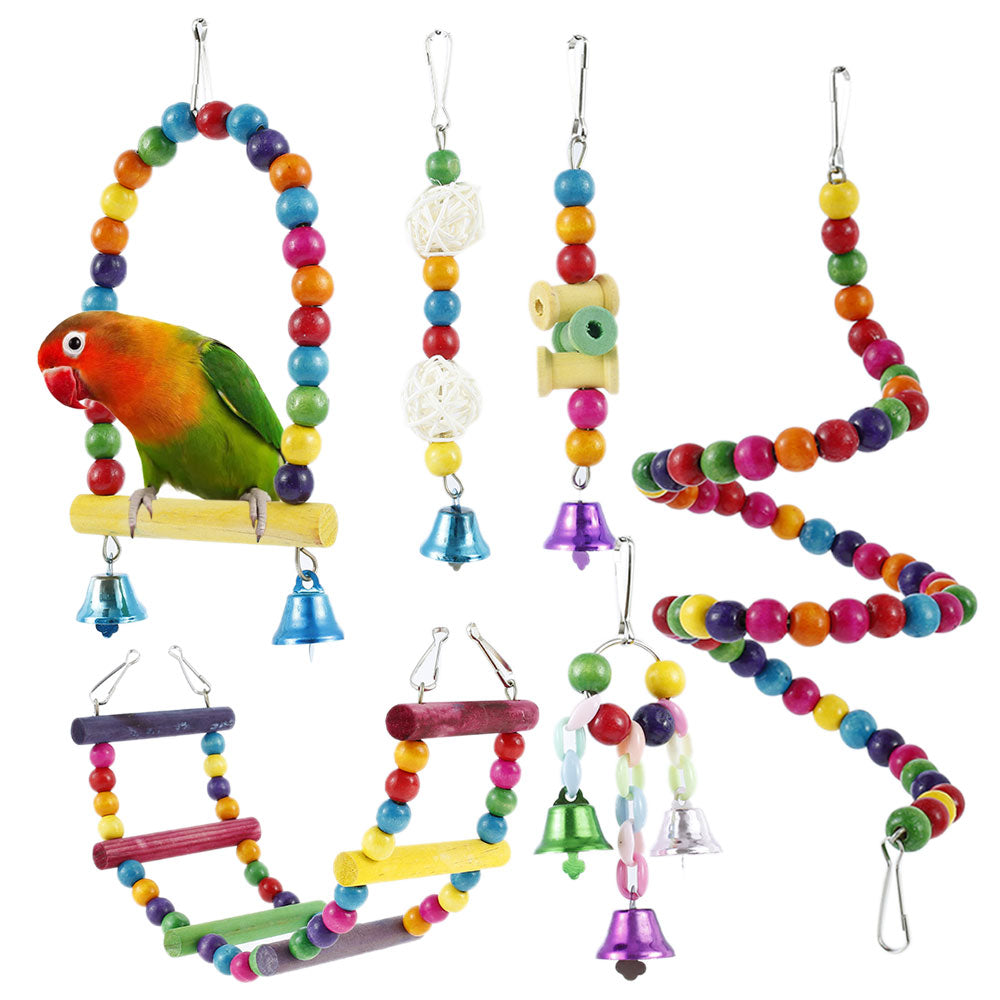 Willstar 6Pcs Bird Parrot Toys， Hanging Bell Pet Bird Cage Hammock Swing Toy Wooden Perch Chewing Toy for Parrots， Birds， Finches