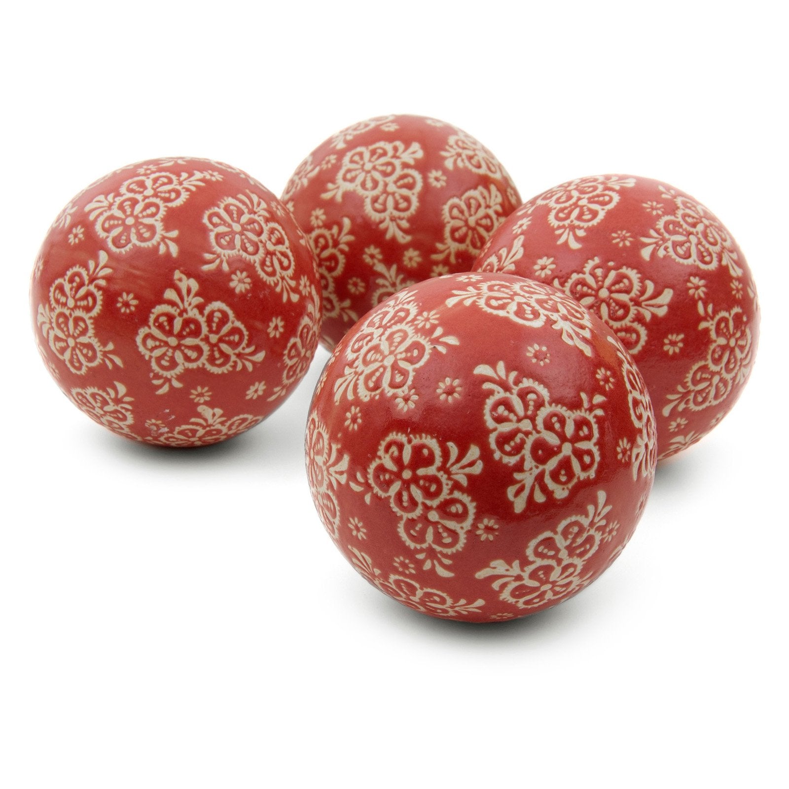 Oriental Furniture 4" Red and Beige Flowers Porcelain Ball Set