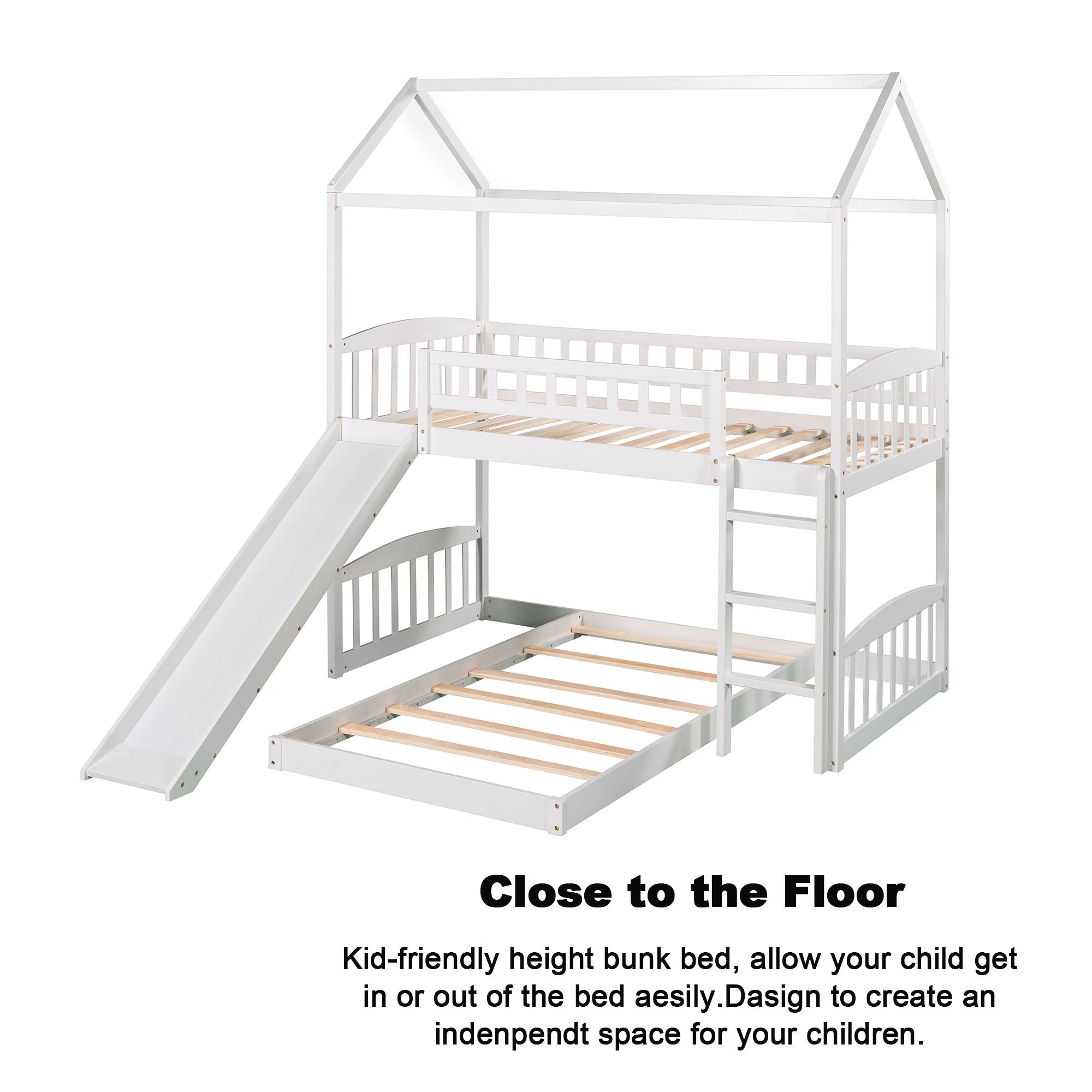 Bellemave House Bunk Bed with Slide, Wood Twin Over Twin L-Shape Bunk Bed Frame with Ladder for Kids Teens (White)