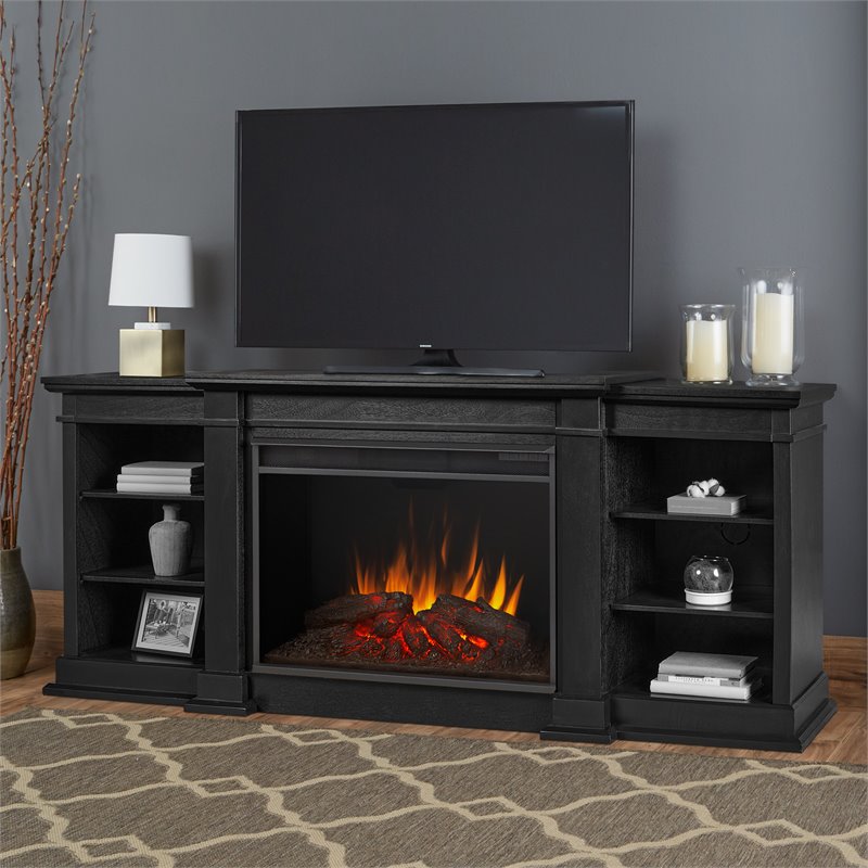 Real Flame Eliot Grand 81.13" Solid Wood and Glass Electric Fireplace in Black