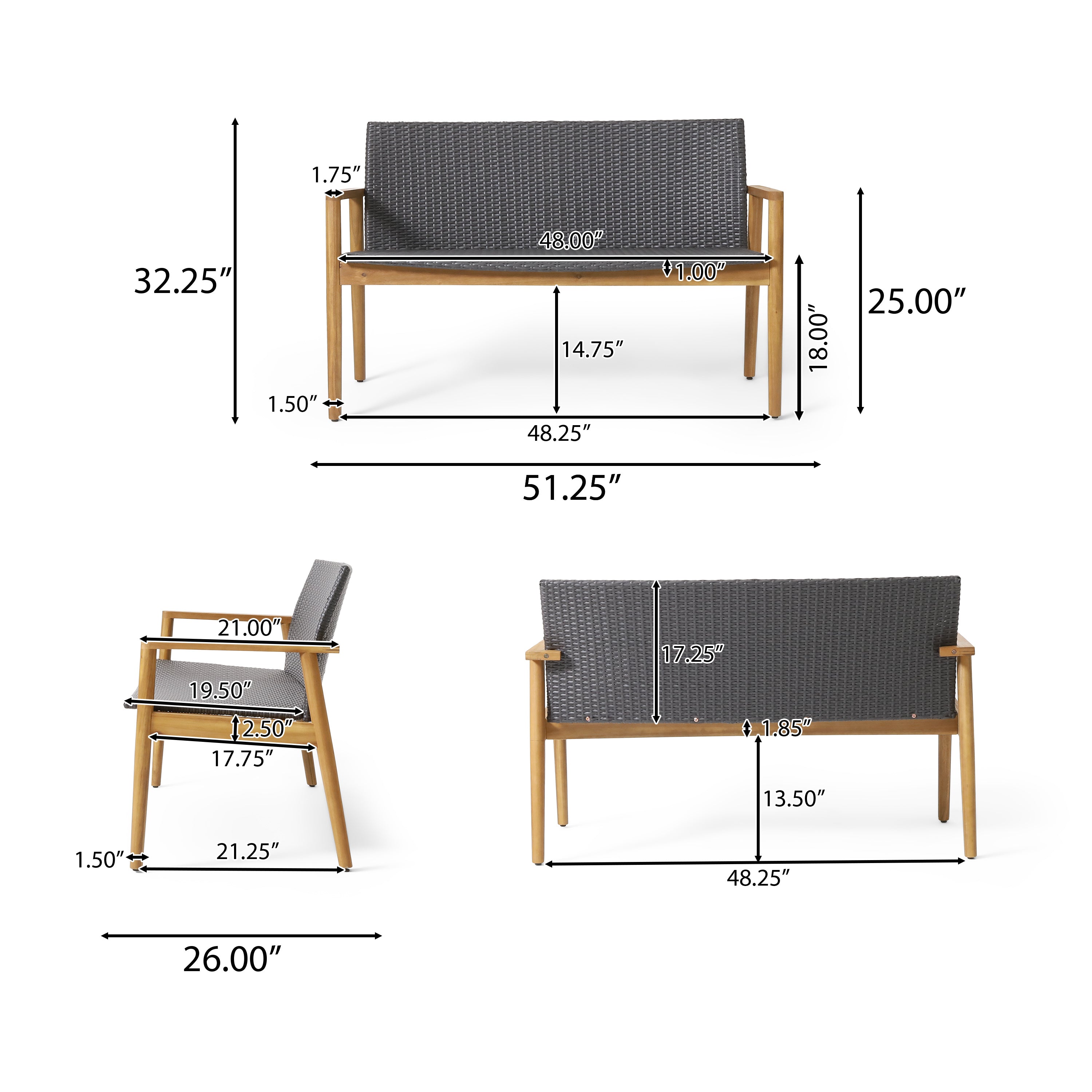 Alamosa Outdoor Wicker and Acacia Wood Loveseat, Gray and Teak