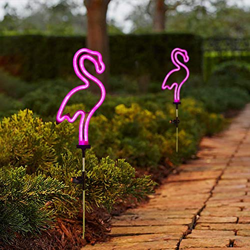 [Set of 2] Flamingo Solar Garden Stake Lights， Outdoor Solar Pathway Light for Lawn Patio Yard Walkway， Neon Pink Lighting (29.5