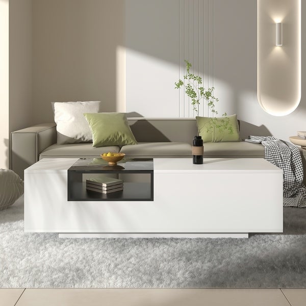 Dalxo Furniture of America Contemporary White 47-inch 3-Shelf Coffee Table with Glass Cover - Modern Living Room Furniture