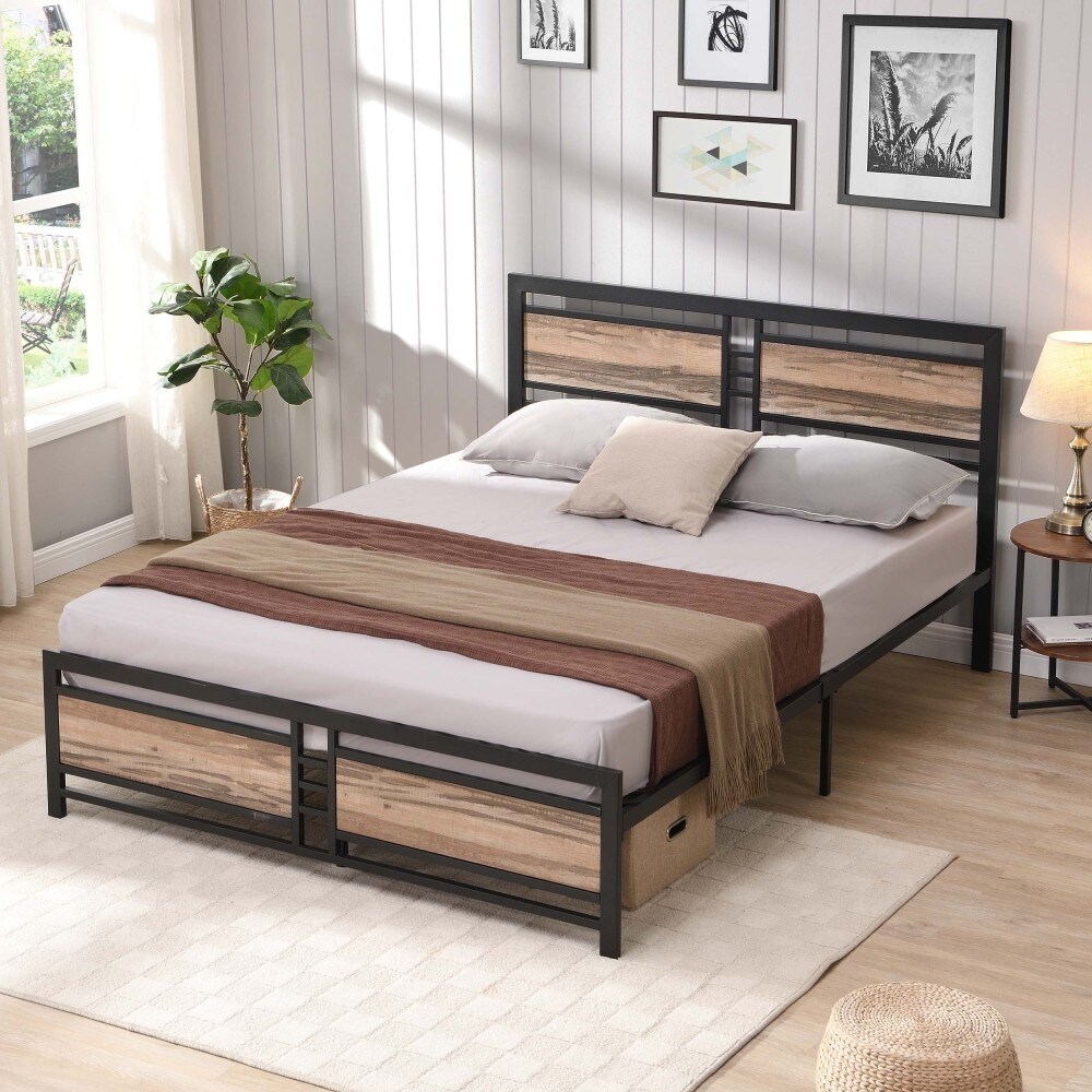 Metal Platform Bed Frame with Wood Headboard and Footboard