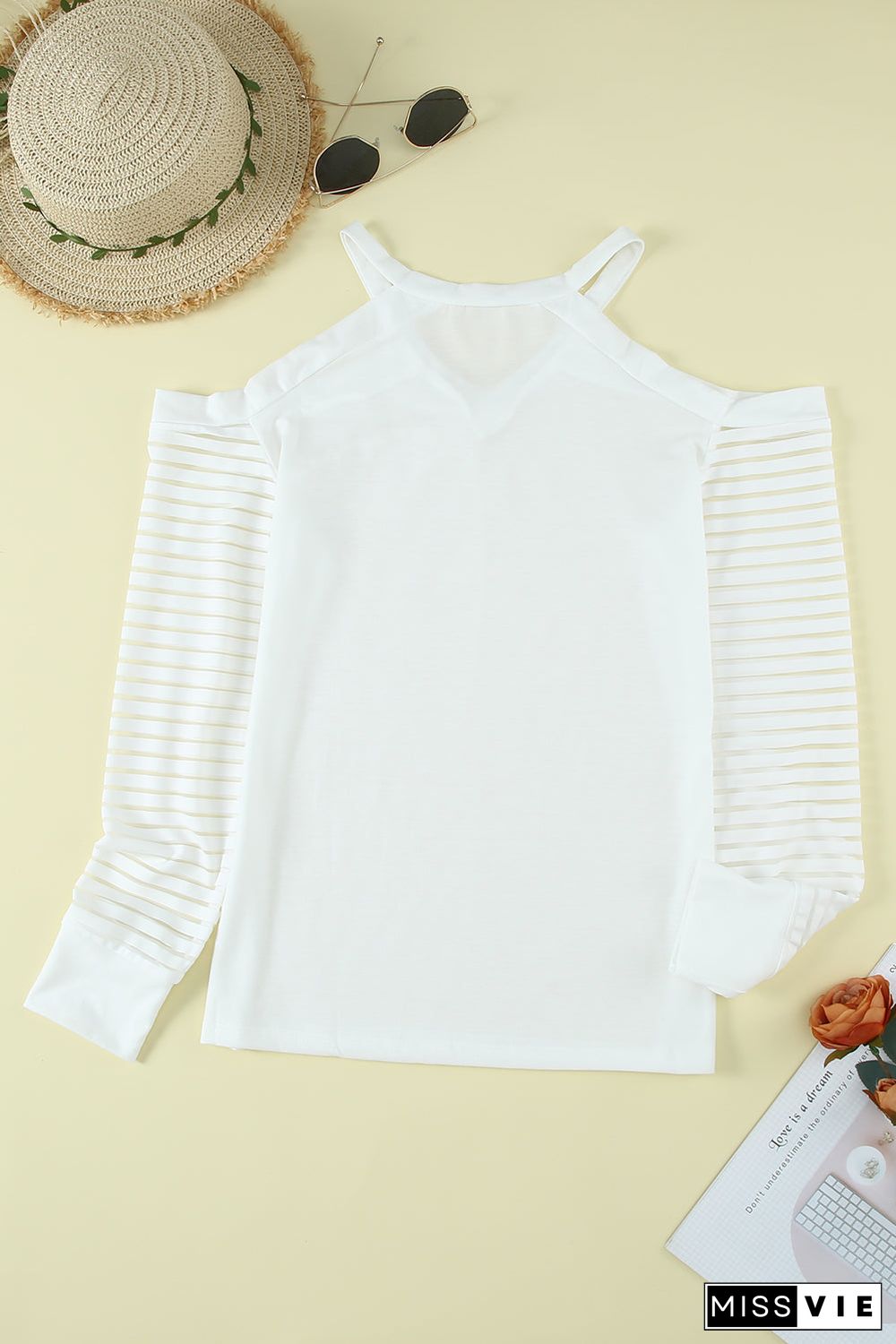 Mesh Striped Cut-Out Cold Shoulder Long Sleeve T-Shirt