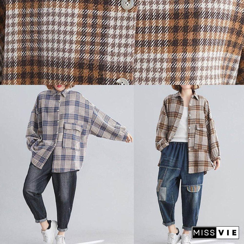 Natural blue plaid linen Blouse Fashion Ideas lapel Batwing Sleeve tops