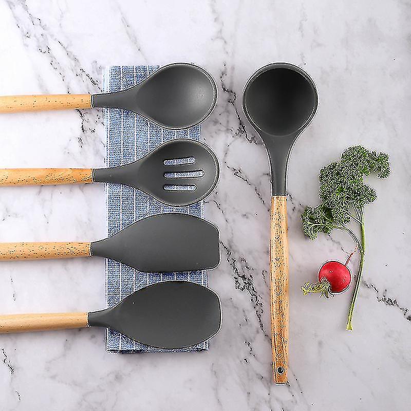 Heat Resistant Silicone Spatulas Set For Non Stick Pan Cookware Wooden Long Handle Spatulas Gray Rubber Spatula