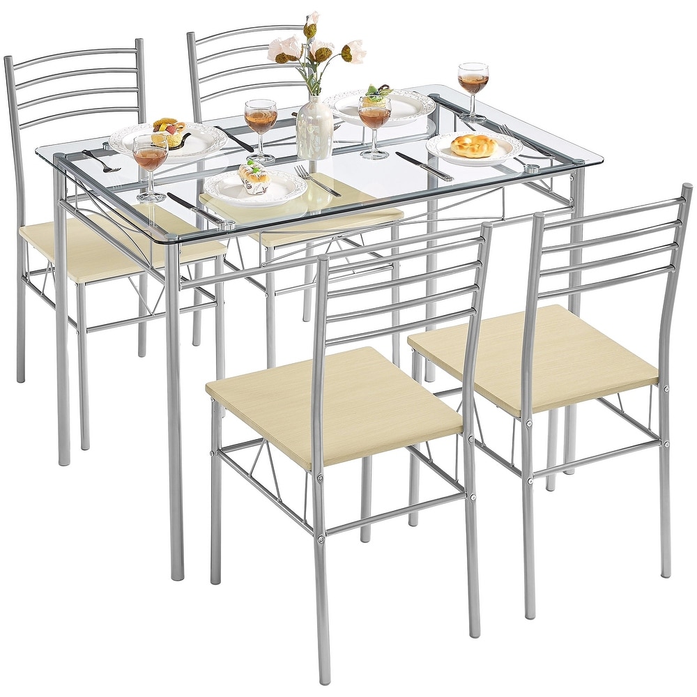 5 pieces Modern Dining Sets Tempered Glass Table Top and 4 PU Chairs