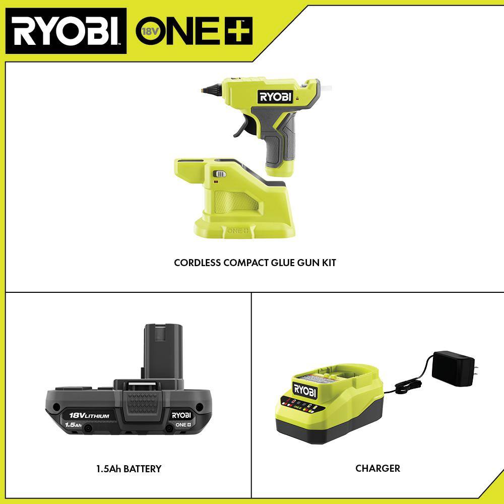 RYOBI ONE+ 18V Cordless Compact Glue Gun Kit with 1.5 Ah Battery and 18V Charger P306K1N