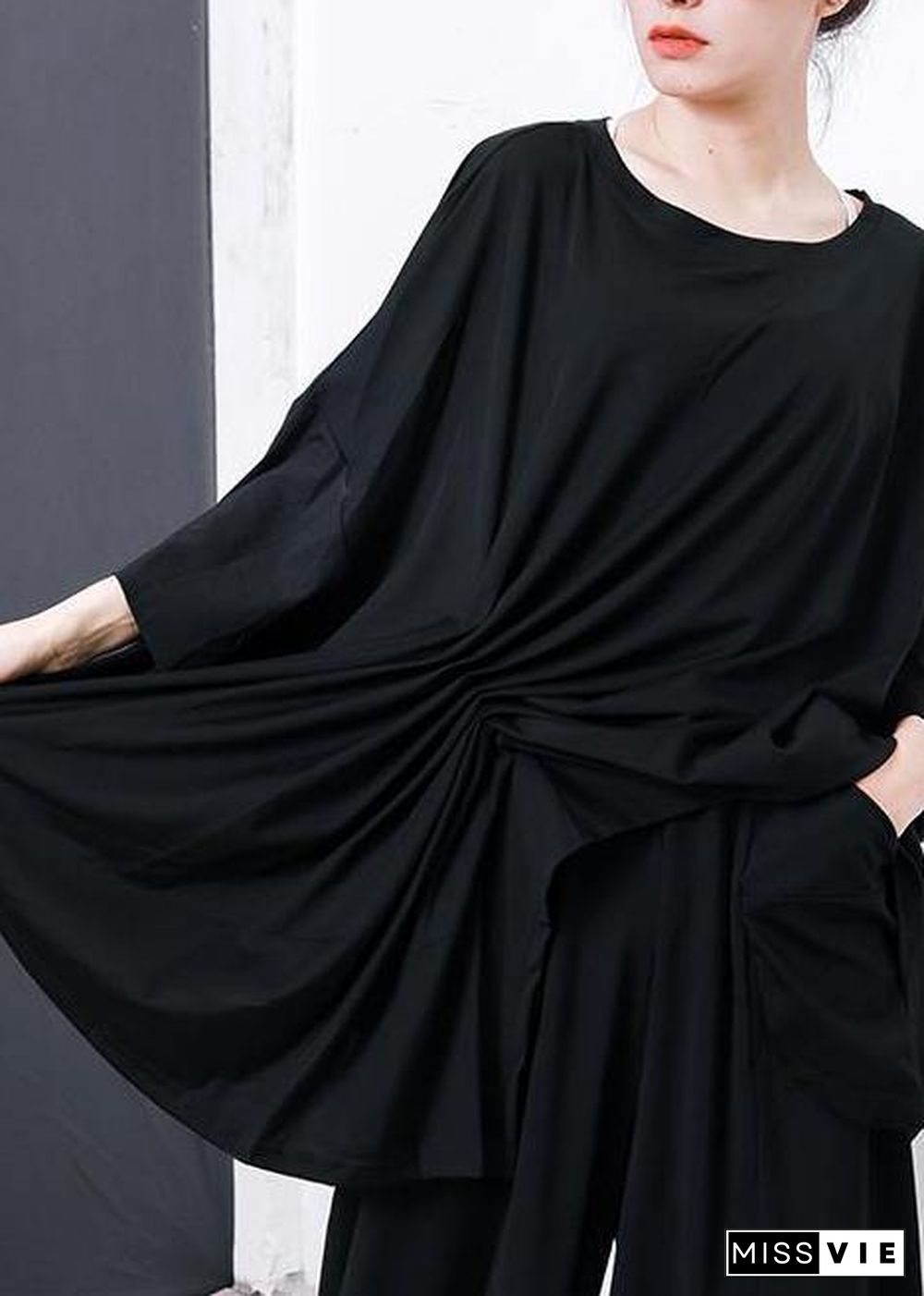 Women black Pakistani Irregular Design Unique cotton clothes For Pleated Solid Color T-Shirt