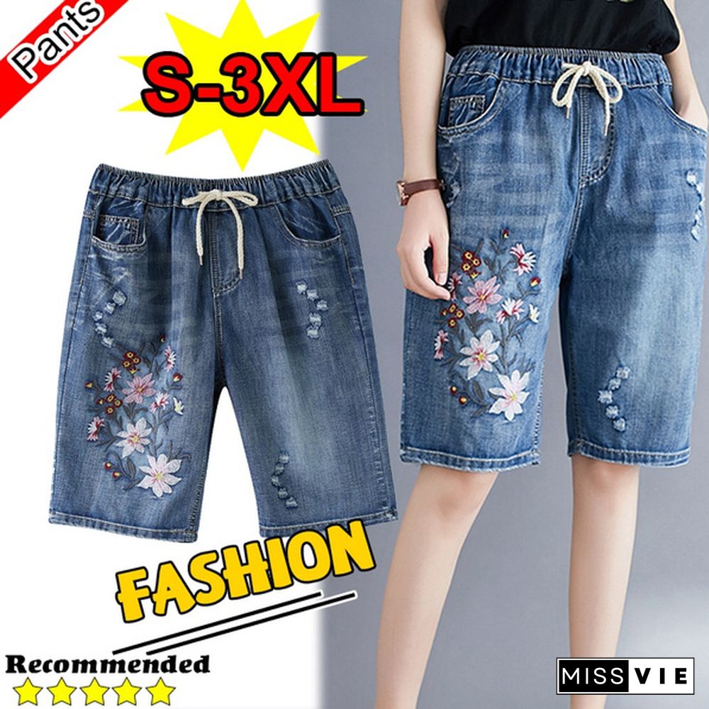 Women Summer Folk Style Elastic Waist Floral Embroidery Drawstring Ripped Shorts Female Office Lady Casual Loose Denim Short