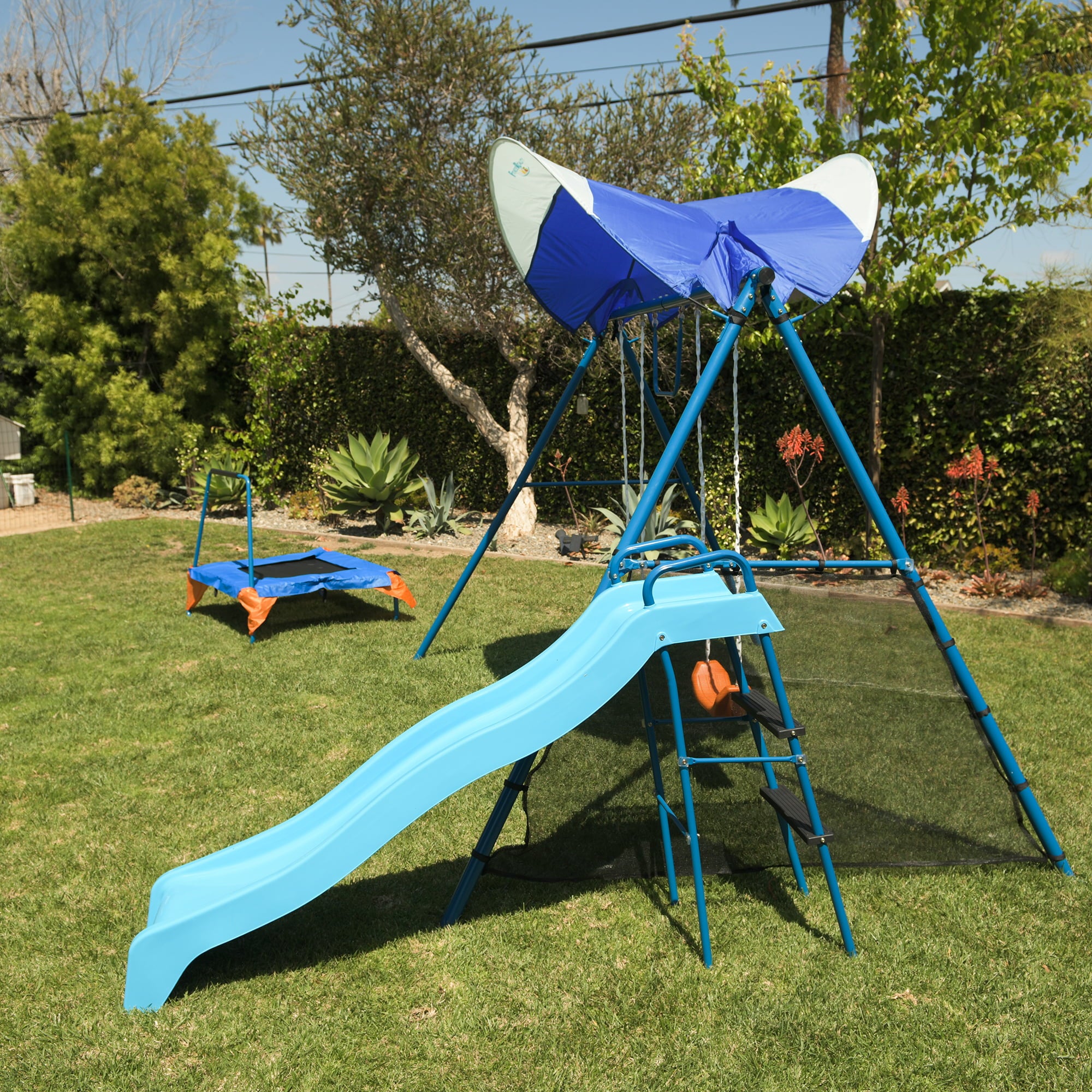 Fitness Reality Kids Premiere Fitness Metal Swing Set Belt Swing Playground with Trampoline