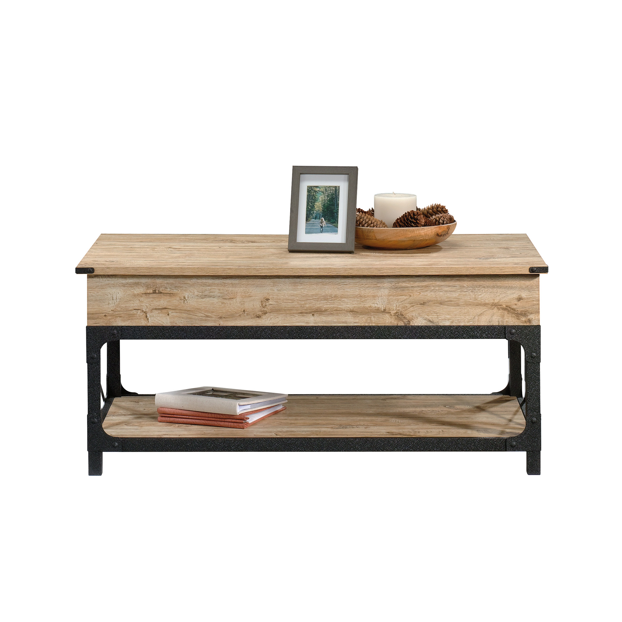 Sauder Steel River Lift Top Coffee Table with Shelf and Storage， Milled Mesquite Finish