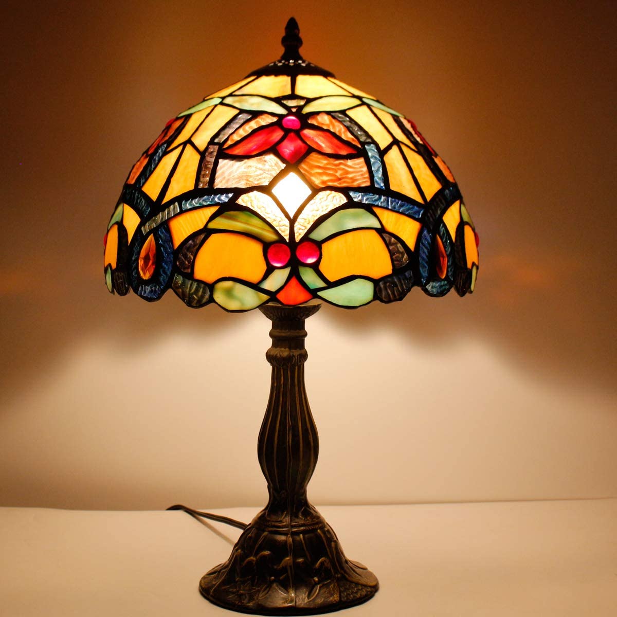 SHADY Tiffany Table Lamp Orange Stained Glass Flower Liaison Style Reading Desk Bedside Light 12X12X18 Inches Decor Bedroom Living Room Home Office S617 Series