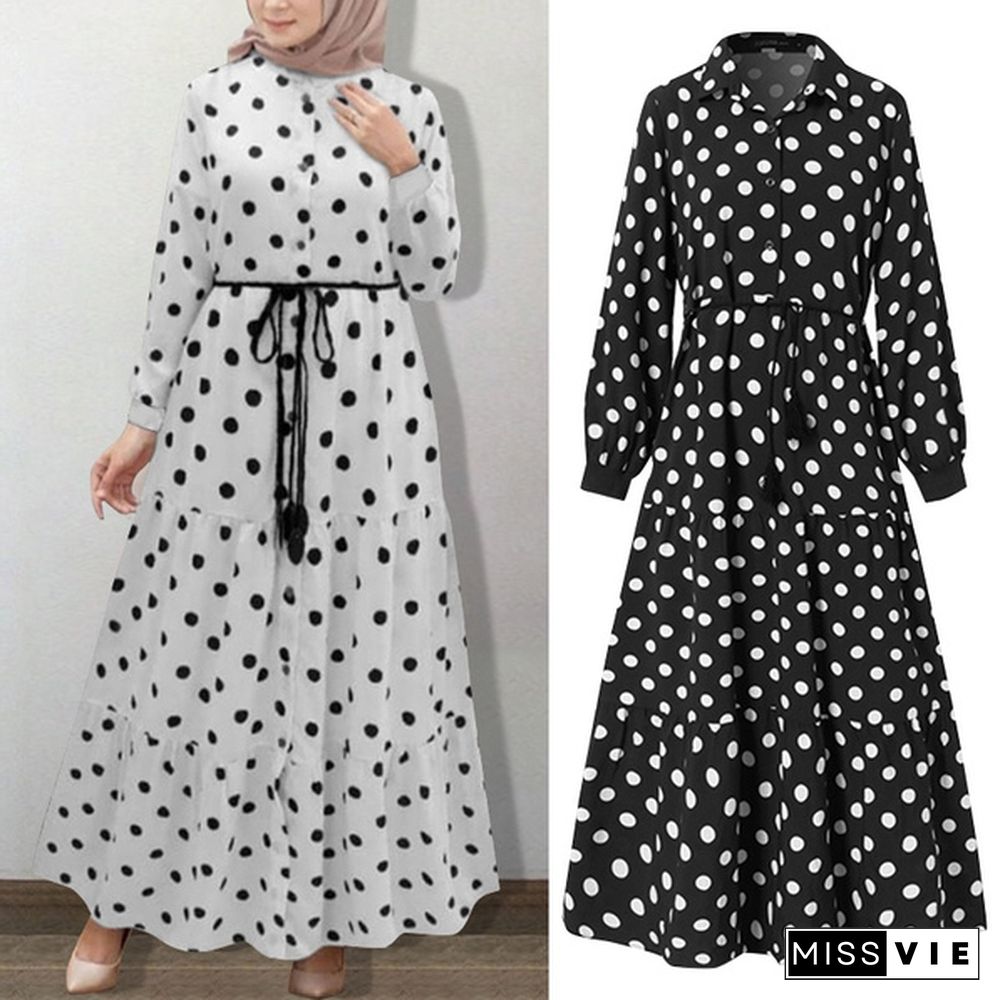 Zanzea Women Muslim Full Sleeve Polka Dots Plus Size Belted Dresses Kaftan Abaya Long Dress