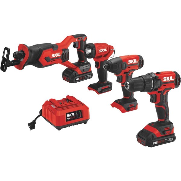 SKIL 4-Tool PWRCore 20 Volt Lithium-Ion Drill/Driver， Impact Driver， Reciprocating Saw and Area Light Cordless Tool Combo