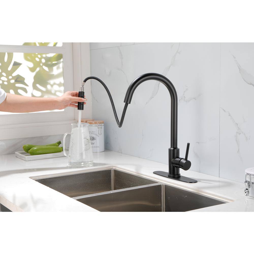 Mondawe Single Handle Kitchen Faucet High Arc Gooseneck with Pull Down Sprayer in Matte Black MO-DT89001MB