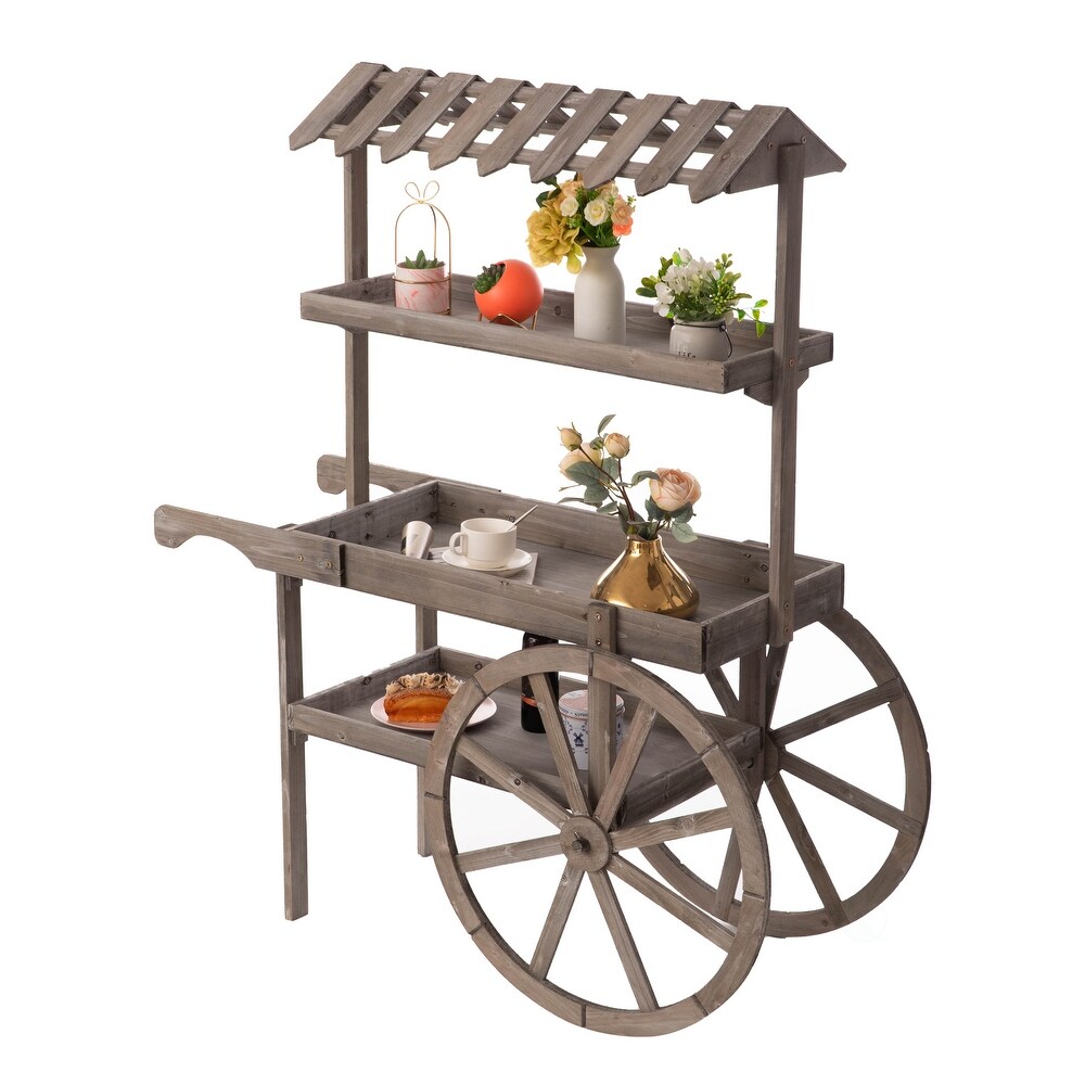 Large Wooden 3 Tier Rolling Table Cart With 2 Wheels for Home Decor  Lemonade stand  Food Stand  Beverage Bar  or Tea Stall