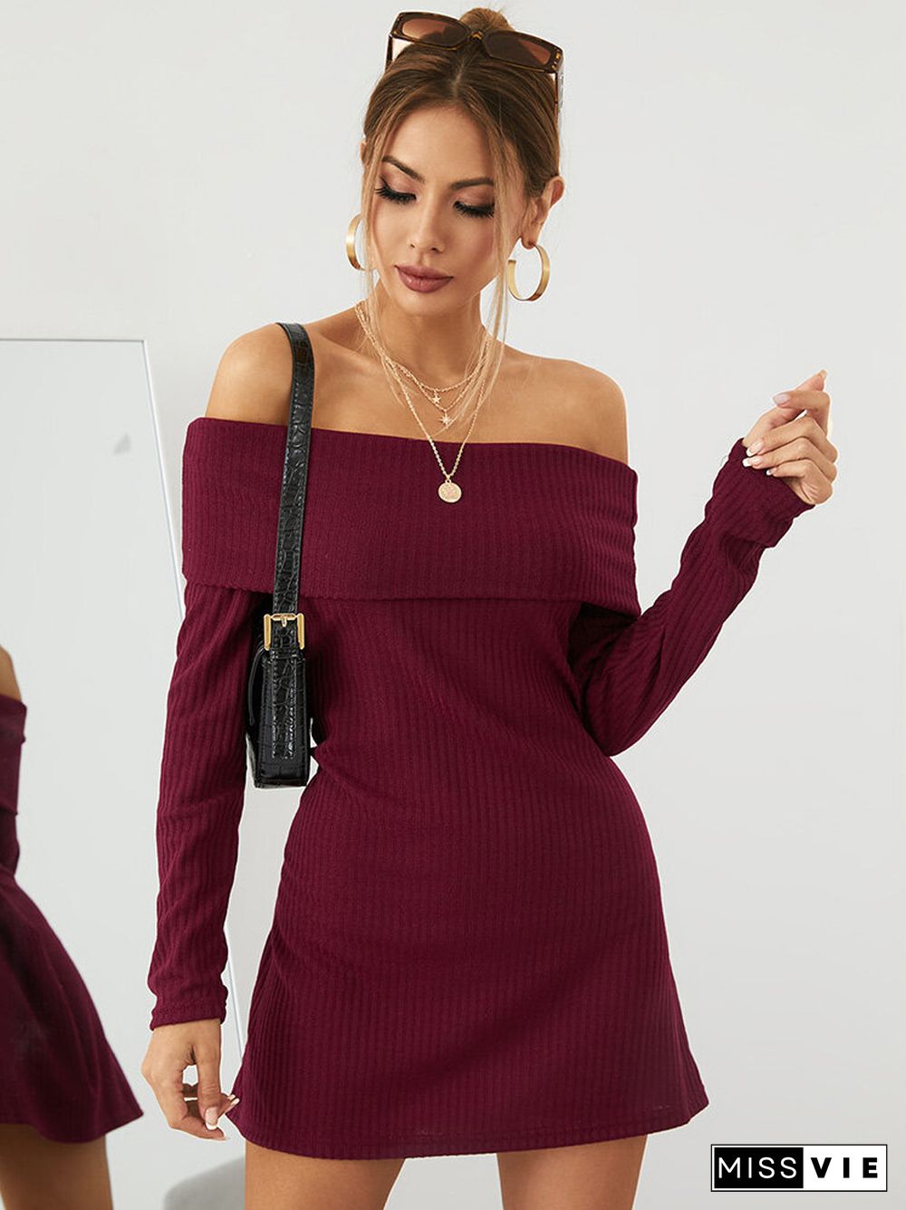 Solid Off-shoulder Long Sleeve Mini Casual Dress