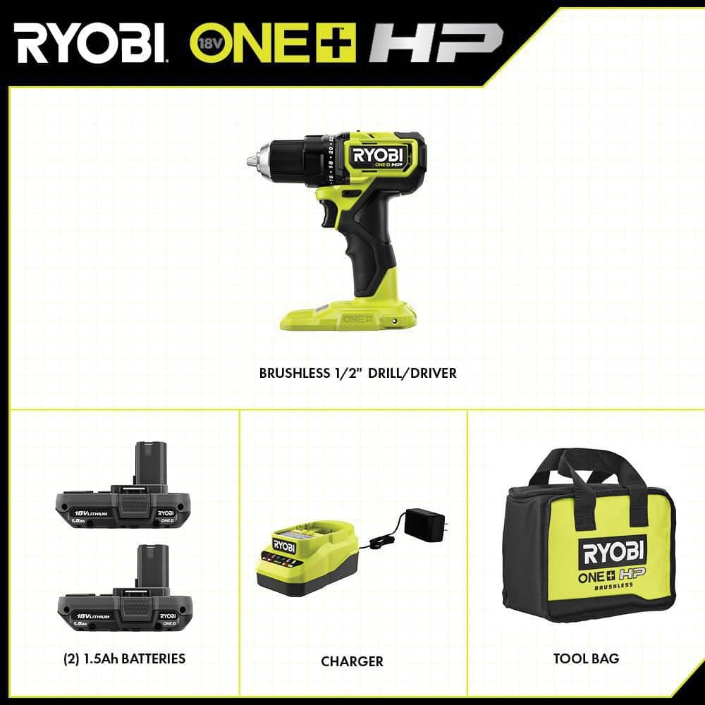 RYOBI ONE+ HP 18V Brushless Cordless Compact 1/2 in. Drill/Driver Kit with (2) 1.5 Ah Batteries, Charger and Bag PSBDD01K