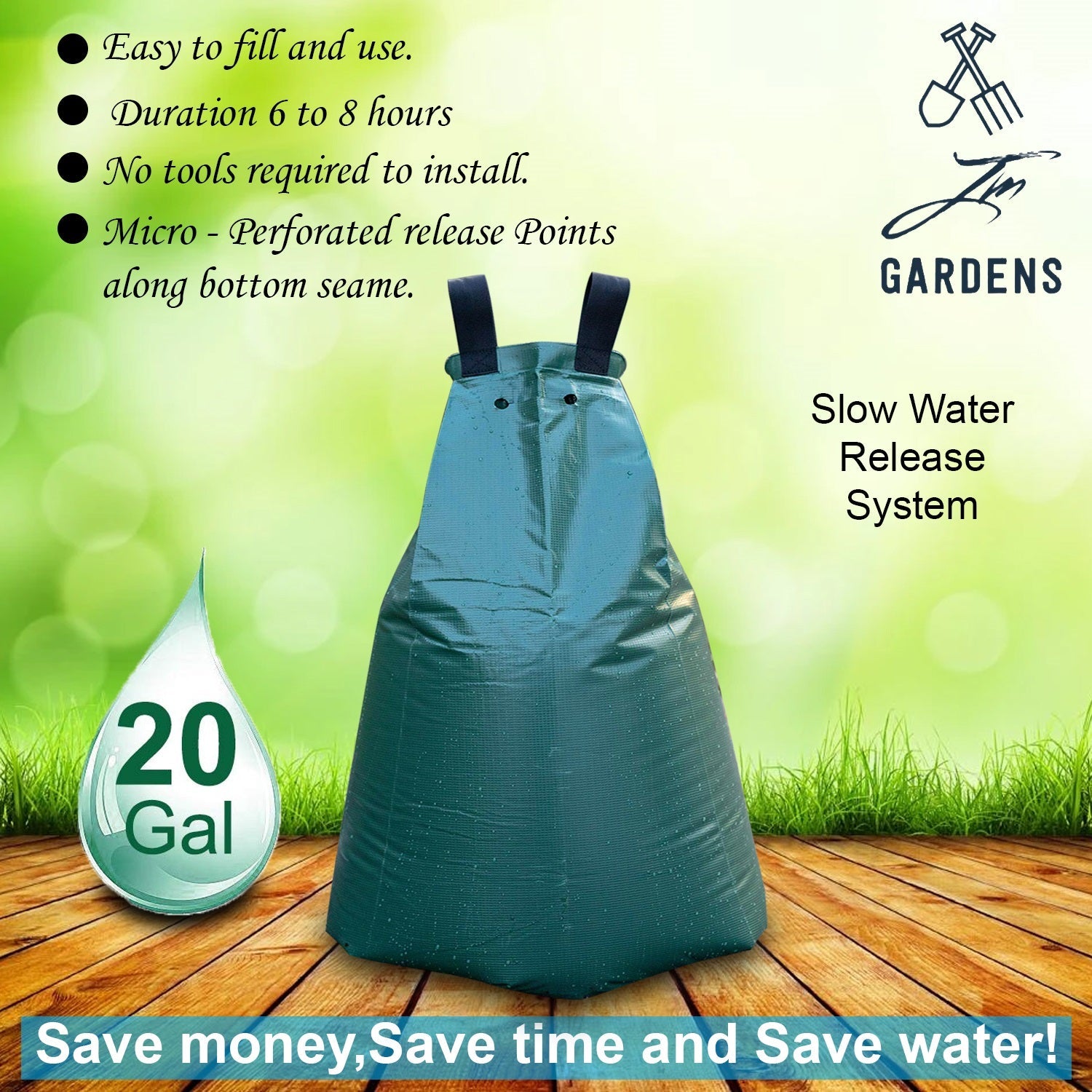 JM Gardens Tree Watering Bag 20 Gallons， Slow Release Drip Irrigation， Green PVC Material