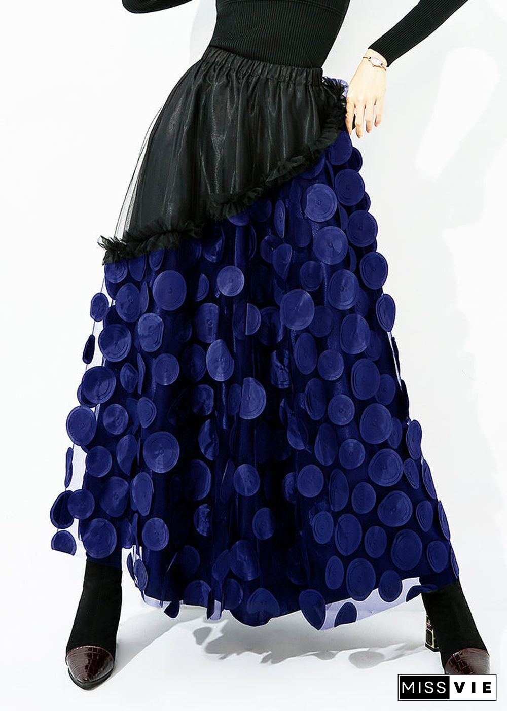 Original Design Black Elastic Waist Patchwork Wrinkled Tulle Skirt Summer