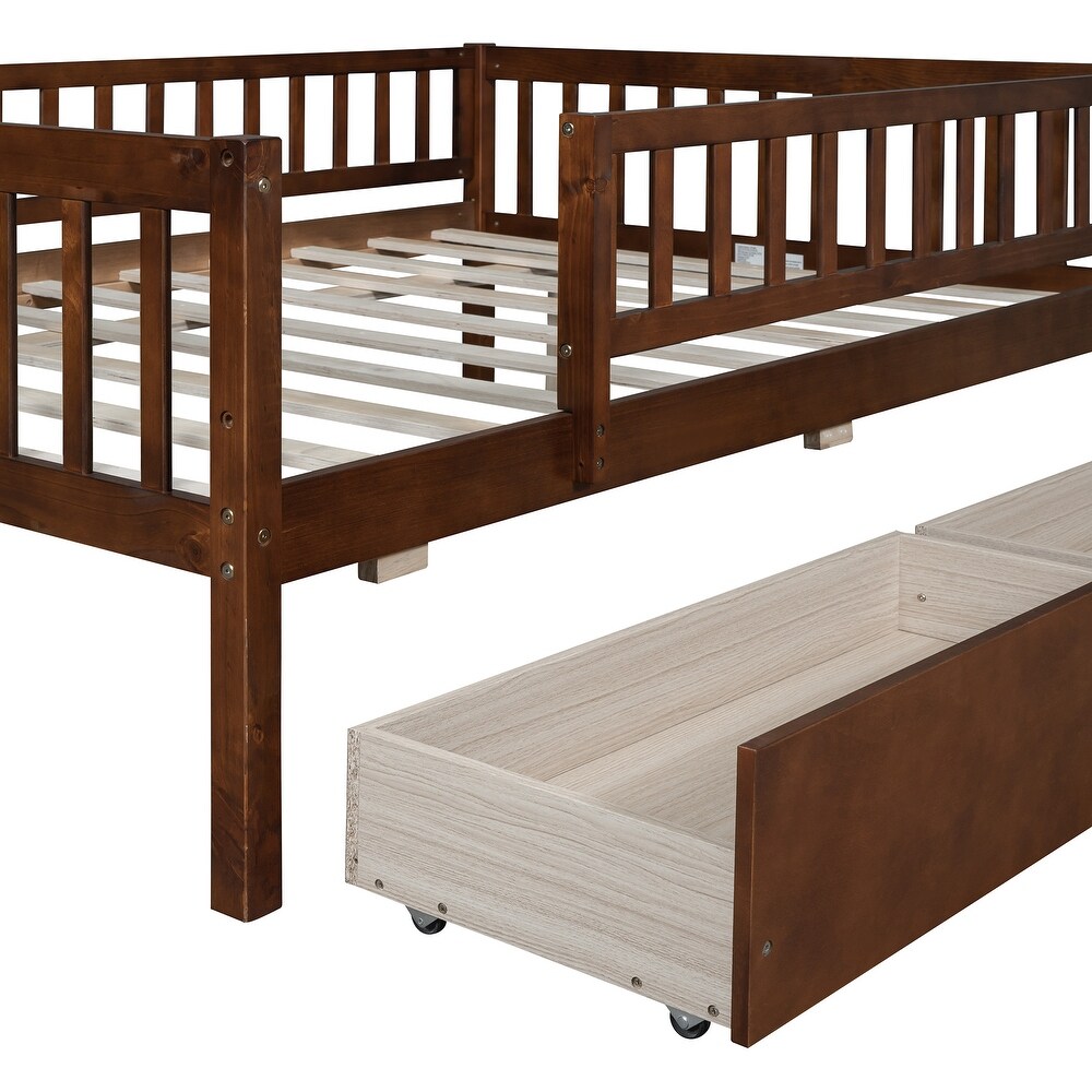 Full Size Daybed with 2 Drawers and Fence Guardrails  Sturdy Pine Wood Sofa Bedframe for Maximized Space and Comfort  Walnut