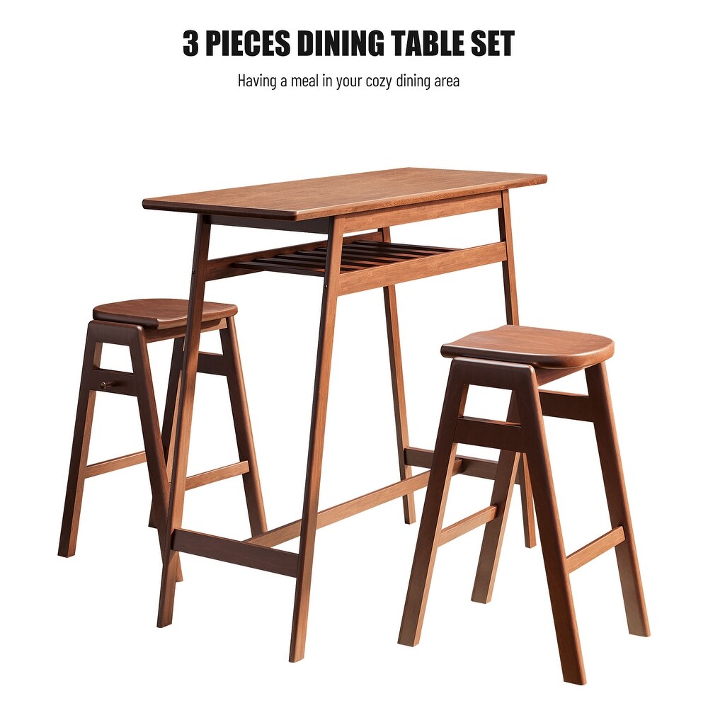 Rubber Wood Bar Table and Stackable Backless High Stool with Shelf and Hooks for Home Bar Small Space  3 Piece Pub Dining Set