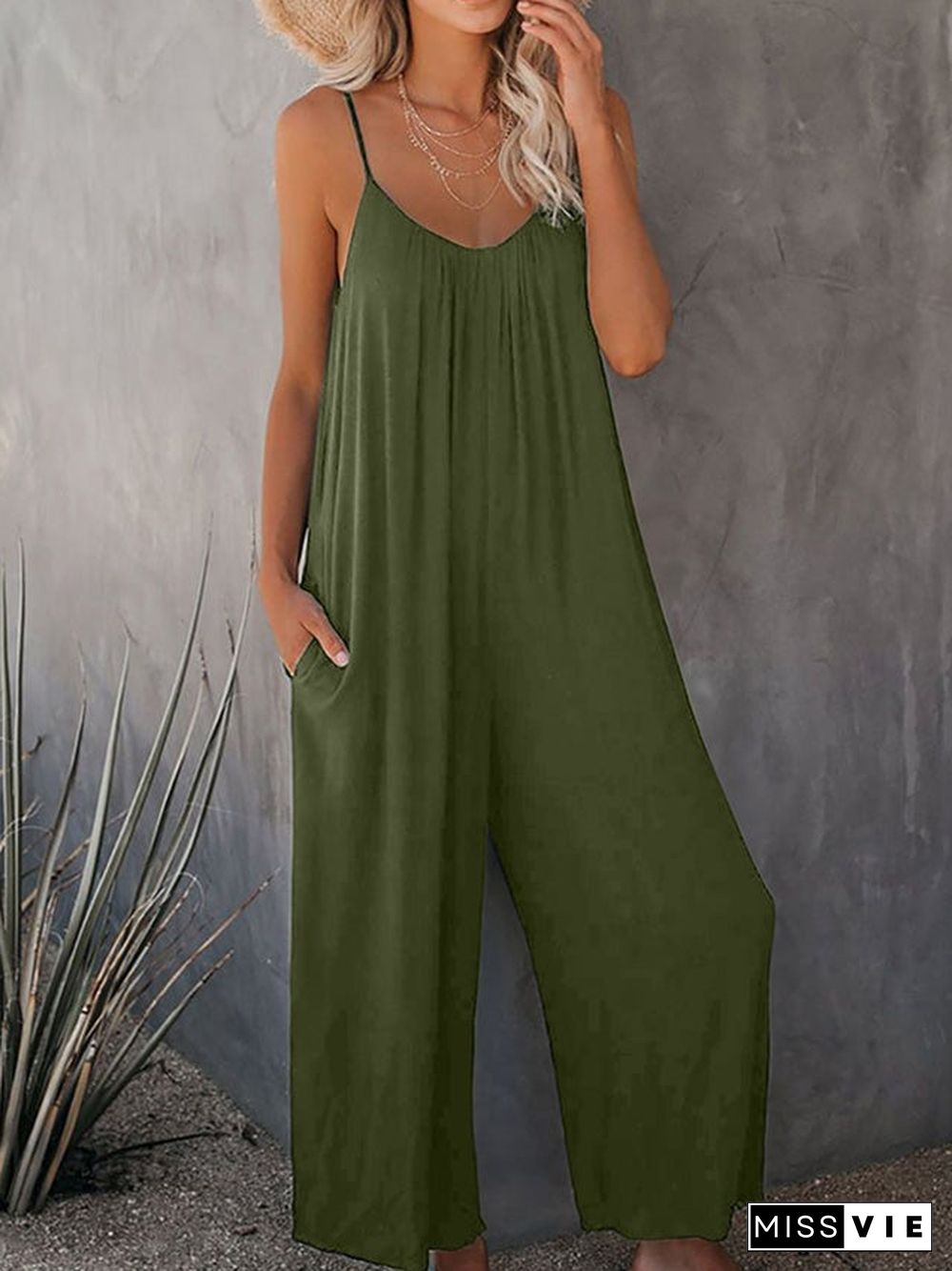 Strap Jumpsuit Women's New Solid Color Pocket Casual Jumpsuit